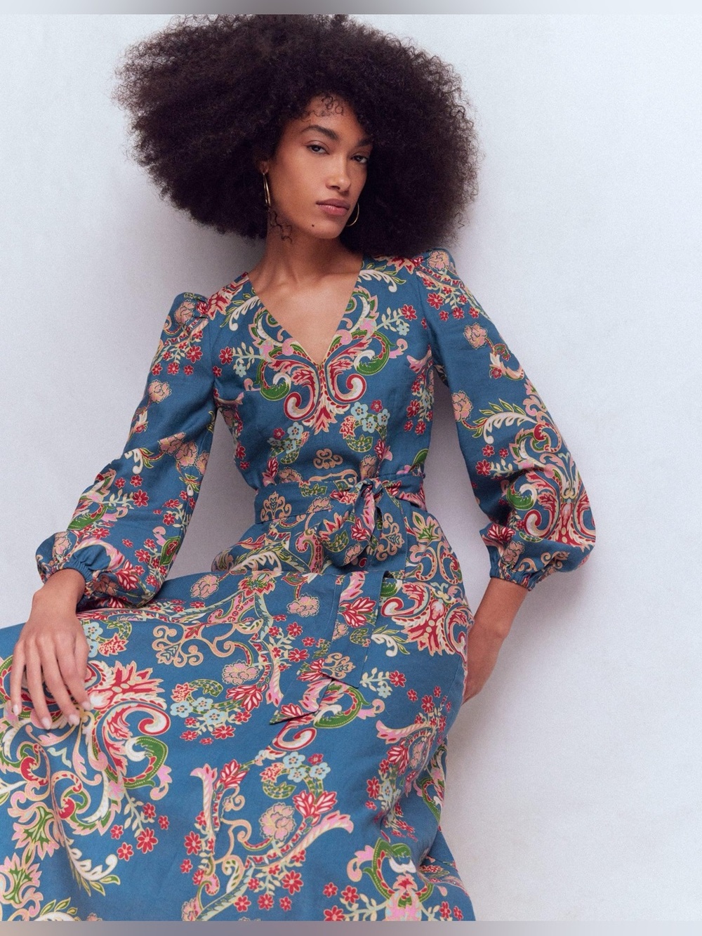 Boden Florence Linen Blend Maxi Dress Blue Floral Paisley 14R